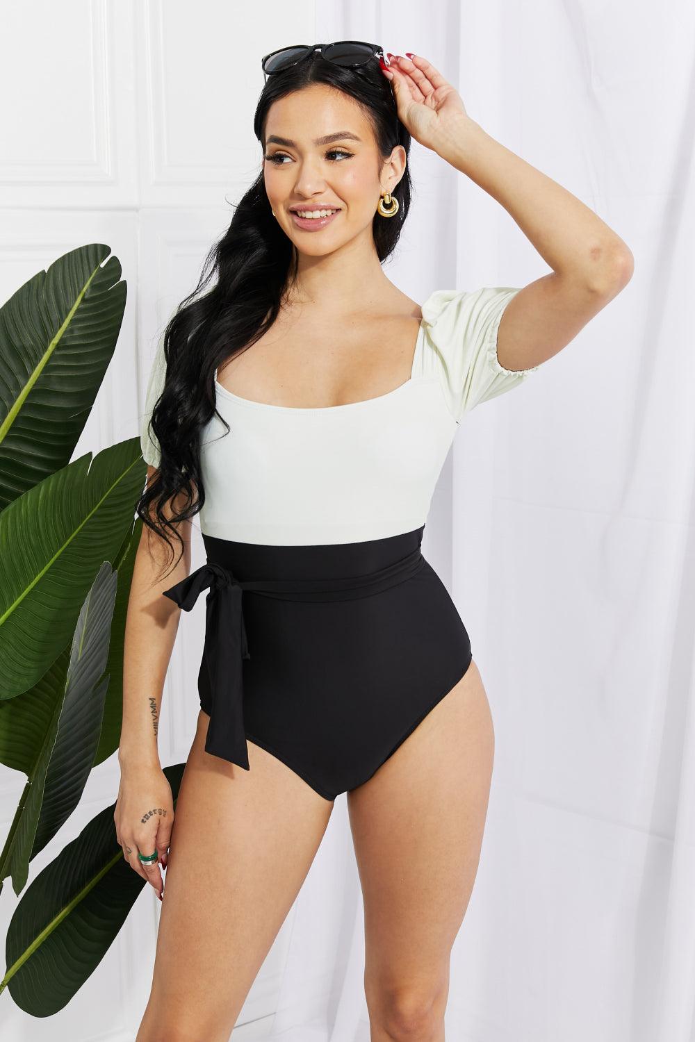 Marina West Swim Salty Air Puff Sleeve One-Piece in Cream/Black - Laguna Looks