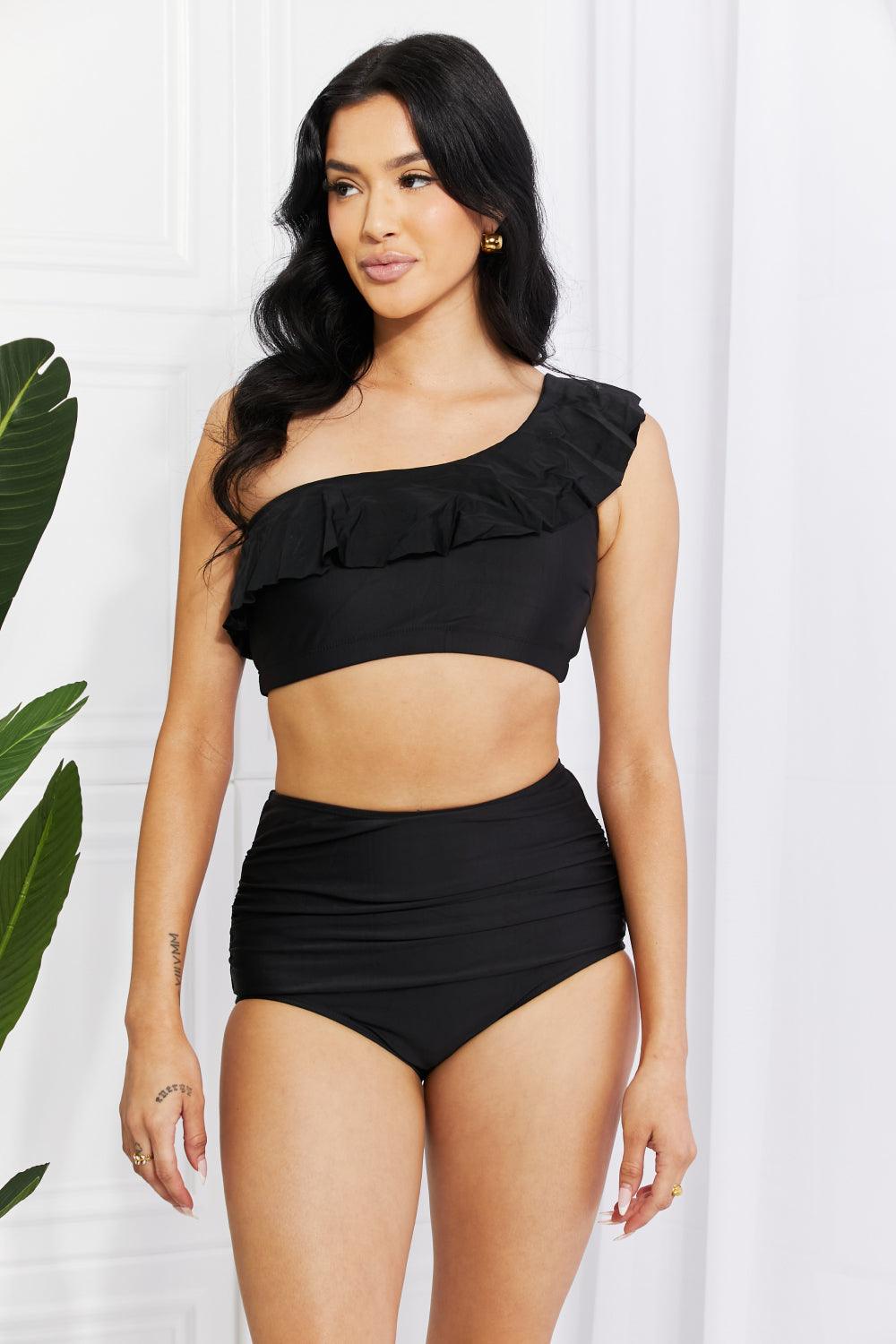 Marina West Swim Seaside Romance Ruffle One-Shoulder Bikini in Black - Laguna Looks
