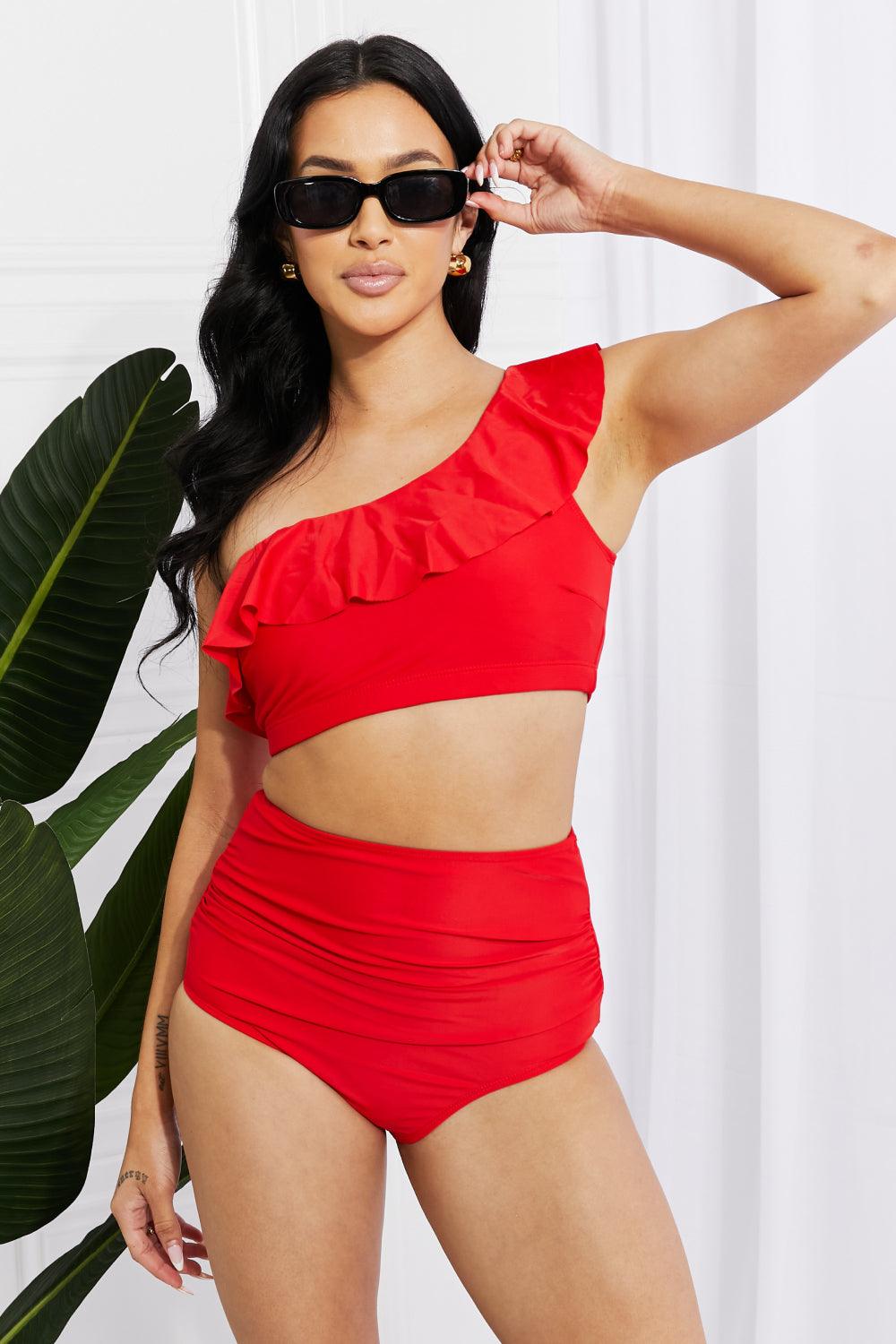 Marina West Swim Seaside Romance Ruffle One-Shoulder Bikini in Red - Laguna Looks