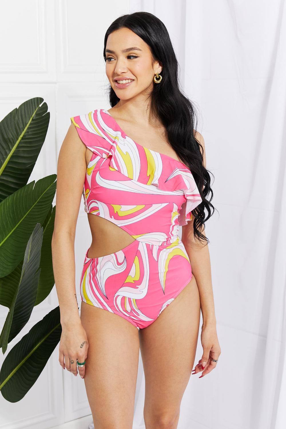 Marina West Swim Vitamin C Asymmetric Cutout Ruffle Swimsuit in Pink - Laguna Looks